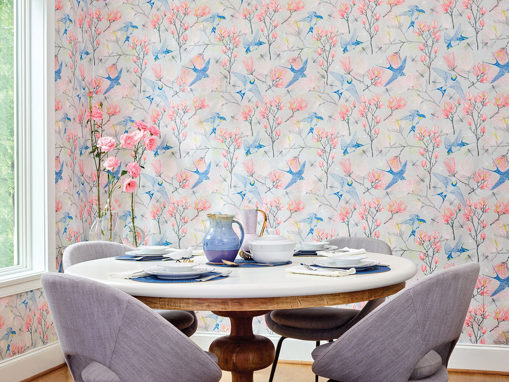 Bird wallpaper in dining room, soft blues and pinks