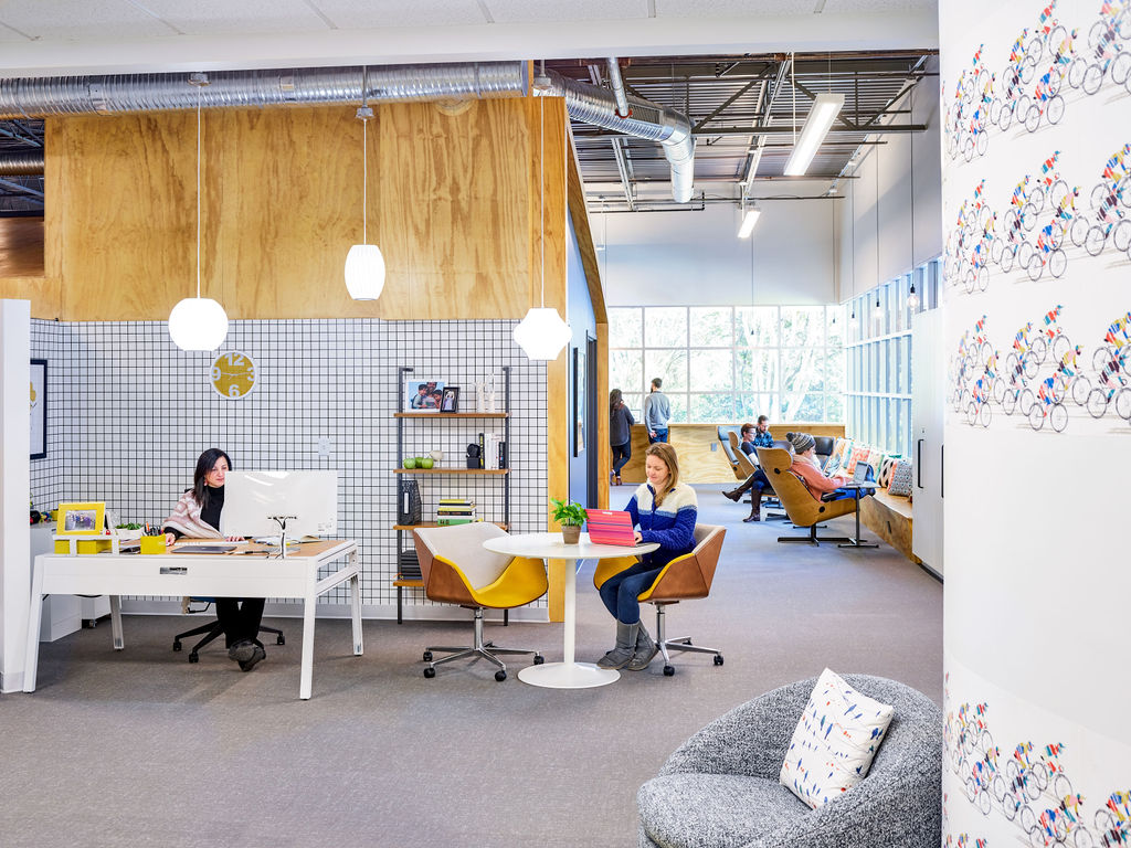 Commercial office space, plywood walls, Spoonflower wallpaper, creative office space