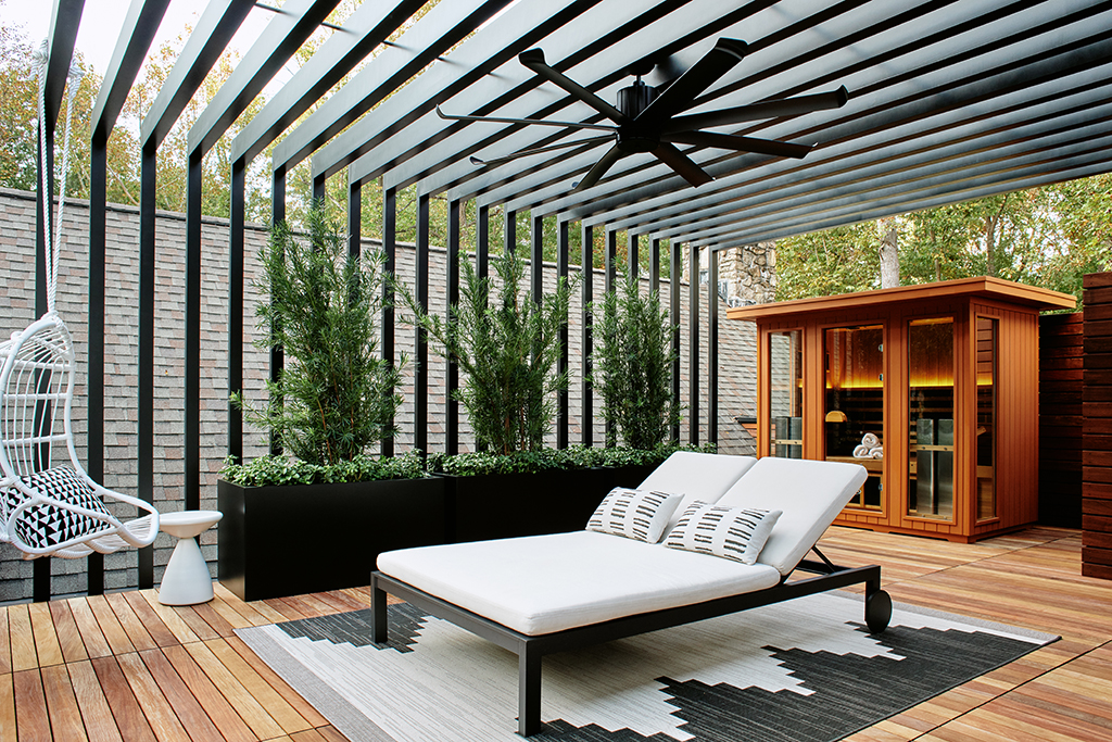 Zen Ipe Rooftop Spa deck featuring metal pergola, plants and Clearlight sauna
