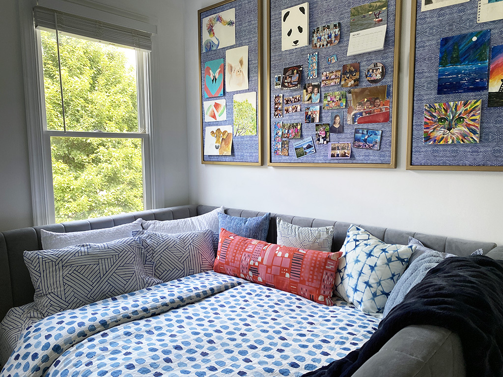 Blue and white bedding teen girl bedroom