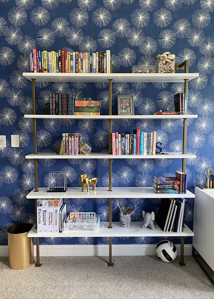Open modern bookshelf teen girl bedroom
