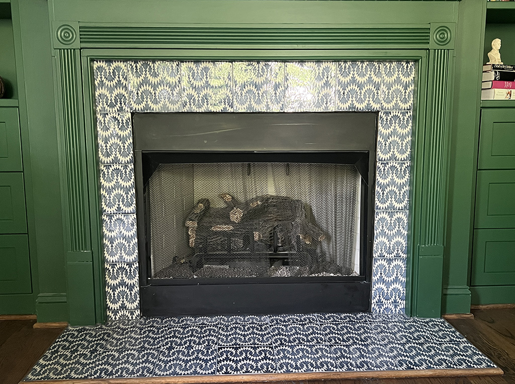 Blue and White tiled fireplace surround