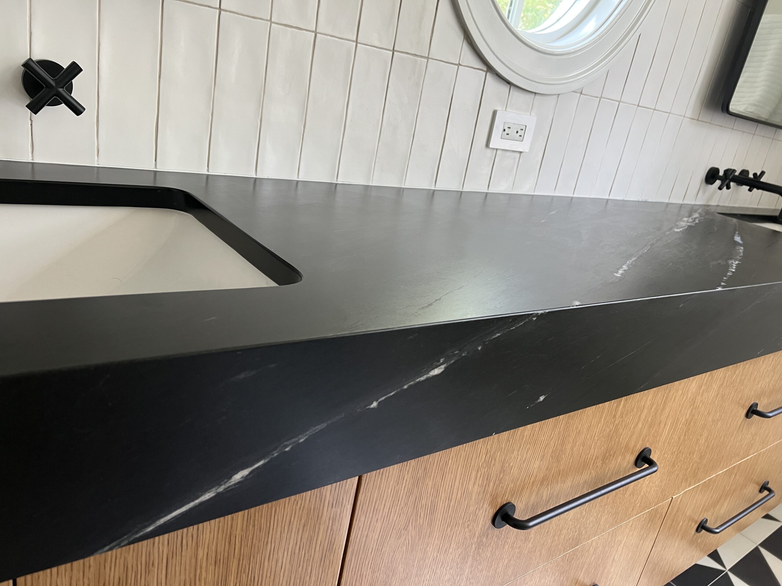 Apron front soapstone counters