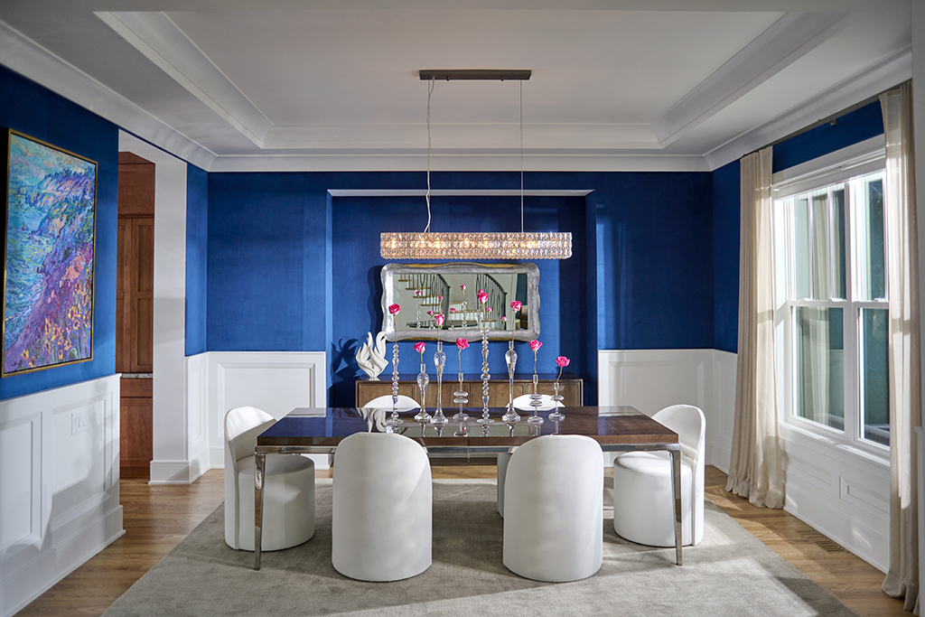 Philip Jeffries blue velvet wallpaper in dining room