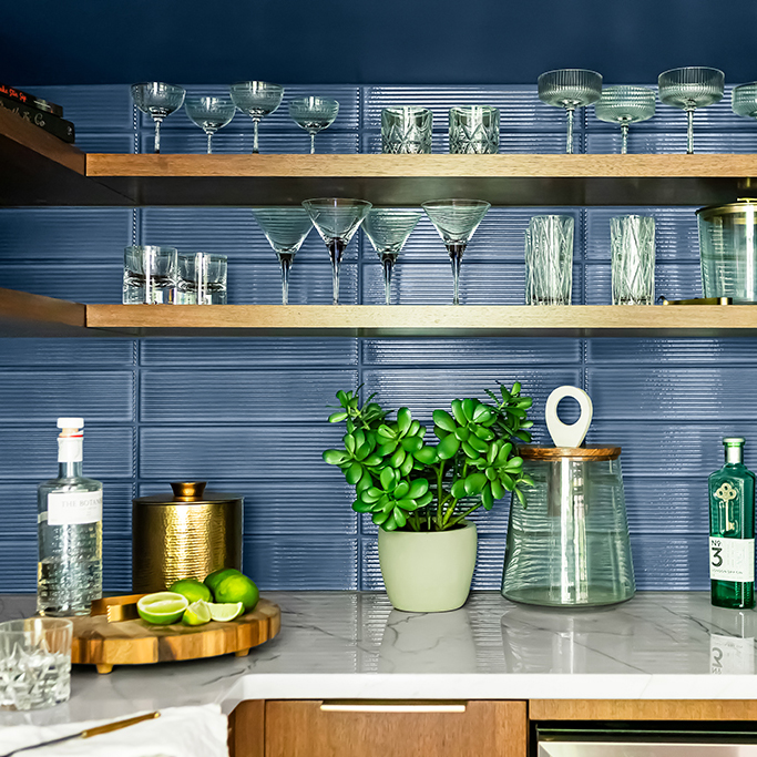 moody mid-century blue tiled bar